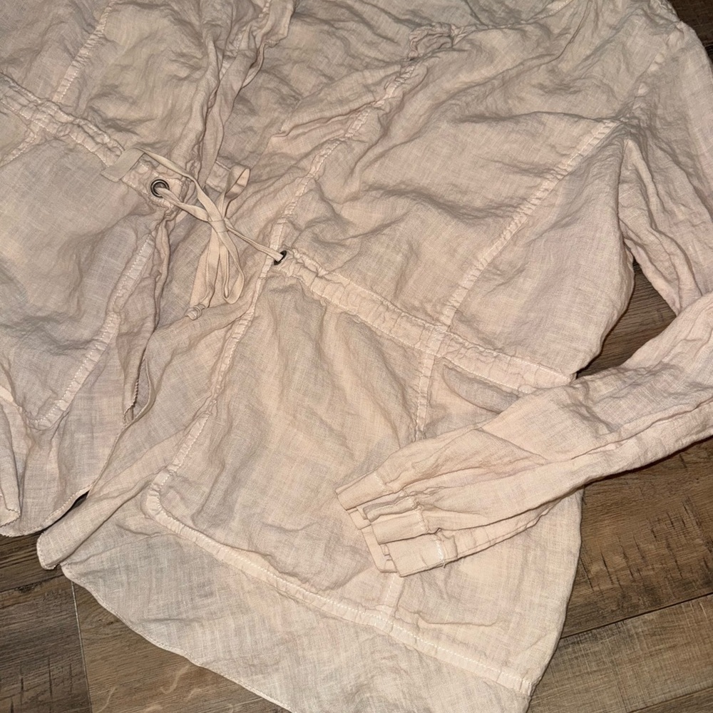 Eileen Fisher 100% Irish Linen Ruffled Tie Front Top Cardigan Neutral Size 2X - Picture 2 of 9